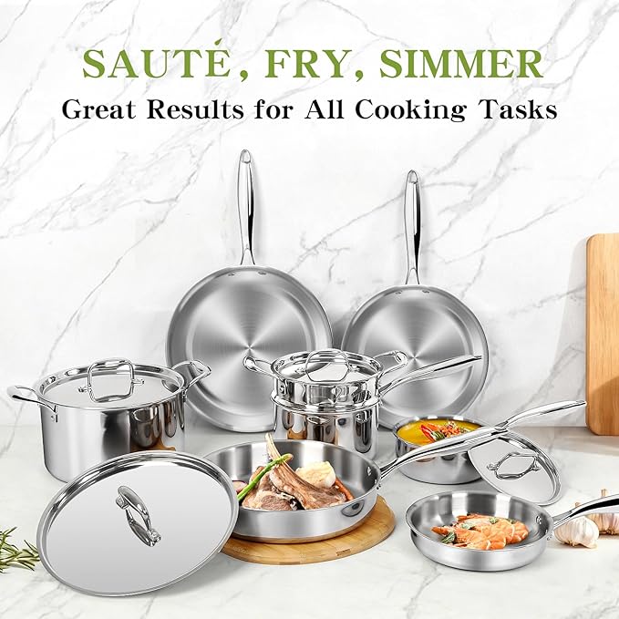 Triple Ply Stainless Steel Pots and Pans Set EWFEN 12 Piece Induction Cookware Set Oven Dishwasher Safe | Frying Pans Saucepans Saute Pan &amp Stock Pot PFOA Free Kitchen Skillet