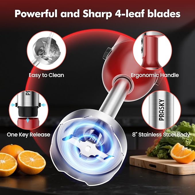 Immersion Blender Handheld Hand Blenders 20 Speed &amp Turbo Mode Hand Held Blender Heaviest Duty Copper Motor Stainless Steel Blades Milk Frother Wand Whisk 600ml Beaker 500ml Chopper (Red)