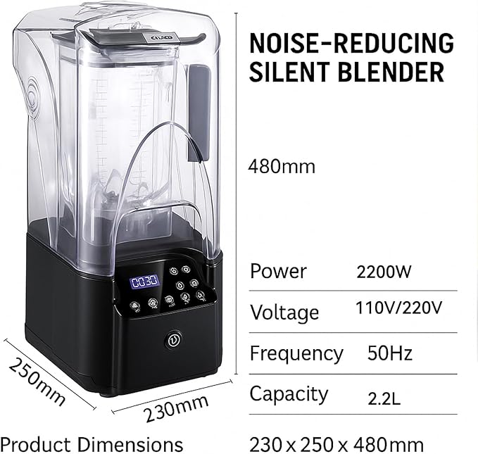 2200W Quiet Commercial Blender with Soundproof Shield – 2.2L Countertop Smoothie Maker with Smart Touch Screen – High Speed Food Blender for Ice Juices Shakes Restaurants Home UseBlack