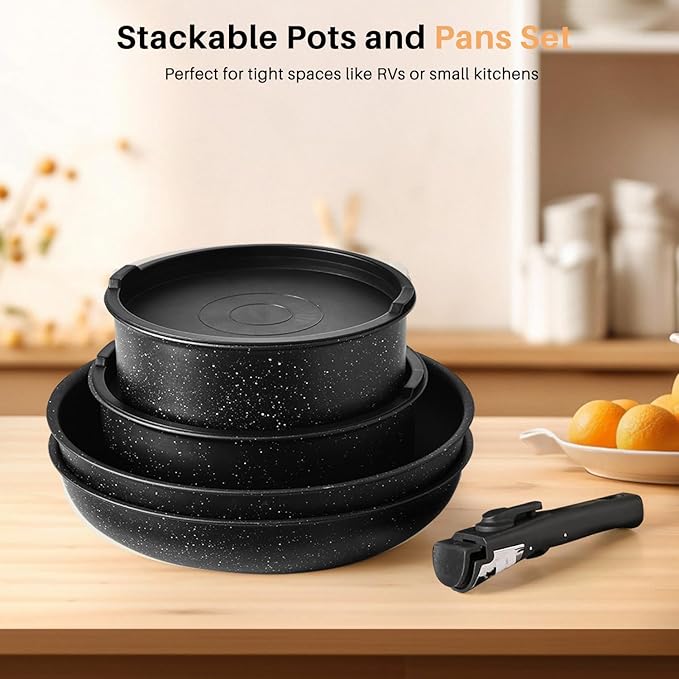 12 PCS Pots and Pans Set Non Stick Kitchen Induction Cookware Oven-Safe Stackable RV Cookware with Detachable Handle Black