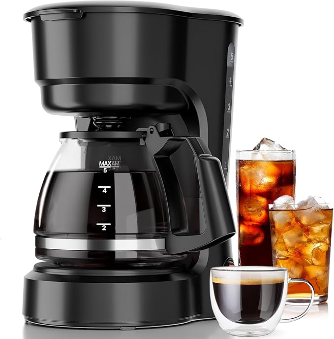 Kismile 5 Cup Coffee Maker 0.75L Small Drip Coffee Machine with Anti-Drip Design Dry Burn Protection Removable Filter Funnel Easy Mechanical Switch Black