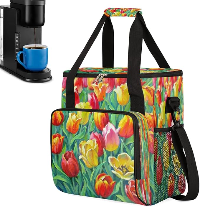 Tulips Flowers Coffee Maker Carring Bag Travel Carrying Storage Tote Bag Compatible with Keurig K-Mini or K-Mini Plus Portable Single Serve Coffee Brewer Case with Pockets for K-cup Pods