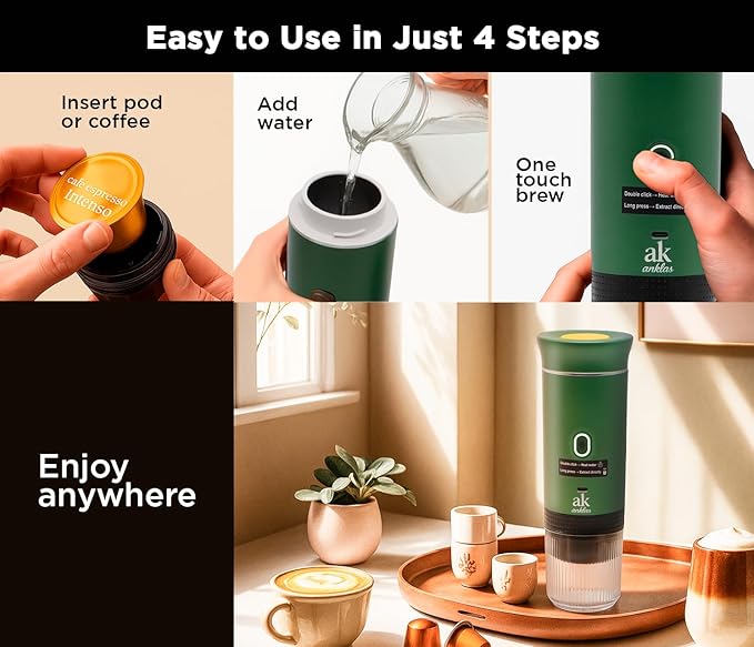 3-in-1 Portable Coffee Maker – Electric Espresso Machine for Travel – Compatible with Ground Coffee NS &amp DG Capsules – USB-C Rechargeable Portable Espresso Maker (Green)