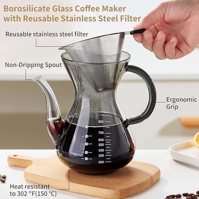 Unbreakable - Pour Over Coffee Maker with Double Stainless Filter 27 fl oz Thickened Heat-Resistant Borosilicate Glass Pour Over Coffee Dripper Stovetop Safe