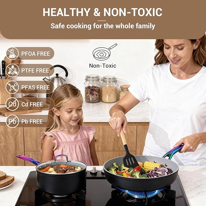 Ammeloo 17 Pcs Ceramic Cookware Set Induction Pots and Pans Set Non Stick Premium Colored Stay Cool Handle Non Toxic PFOA PFOS Free Oven Safe &amp Compatible with All Stovetops Black