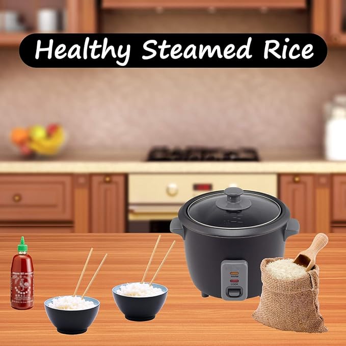 4 Cup Electric Rice Cooker with Auto Warm Function – Non-Stick Pot One-Touch Operation Glass Lid Includes Paddle &amp Measuring Cup – Black Compact Steamer for Rice Quinoa Oats &amp More