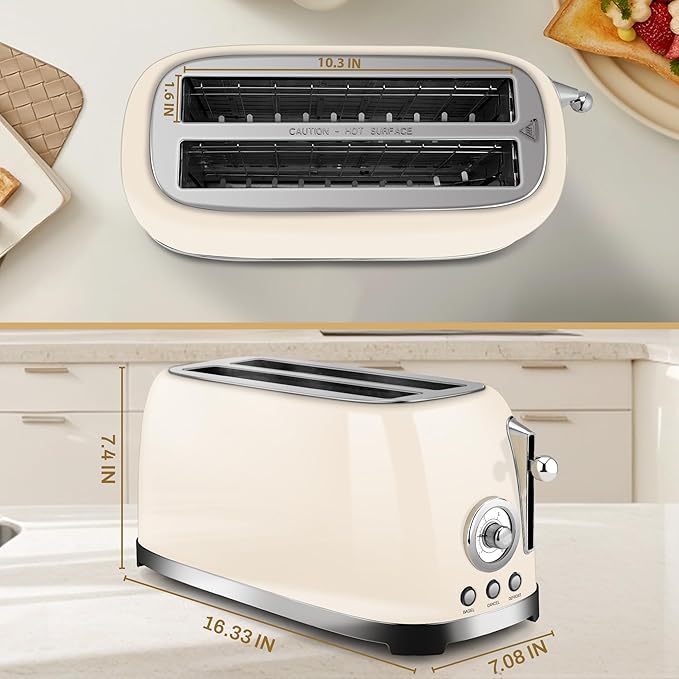SUSTEAS Toaster 4 Slice Wide Slot Stainless Steel Bread Bagel Toasters Retro Long Slot Tostadora for Defrost Reheat Removable Crumb Tray 1500W 6 Browning Settings Beige