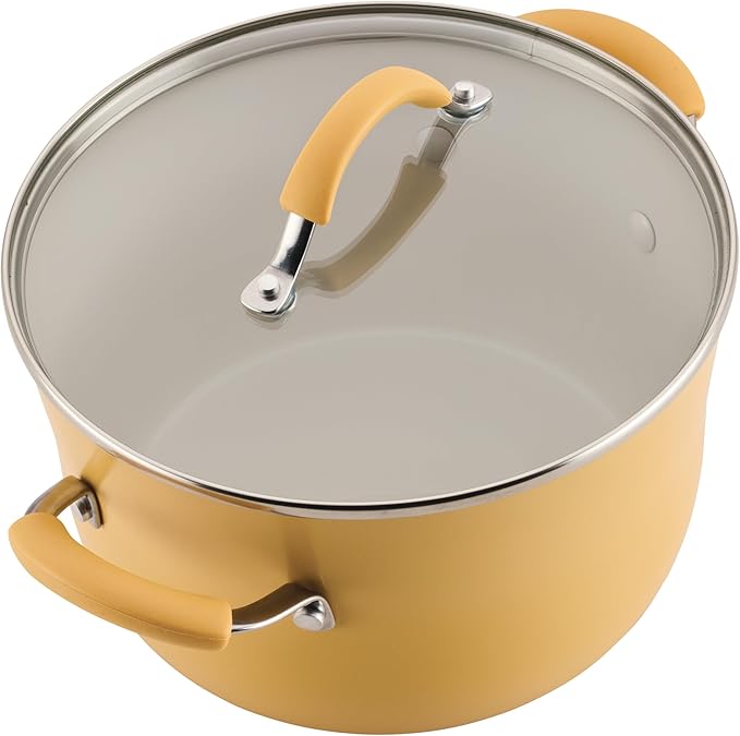 Rachael Ray Cucina Ceramic Cookware Set - 13 Pieces - Ceramic Pots and Pans Set w/Nonstick Frying Pans Saute Pan Saucepans Stockpot Lids Pan Protectors &amp Cooking Utensils - Turmeric