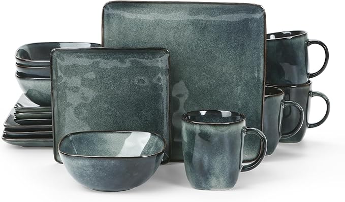 Famiware Ocean Square Plates and Bowls Sets for Kitchen 16-Piece Dinnerware Sets for 4 Mug Set for 4 Deep Forest