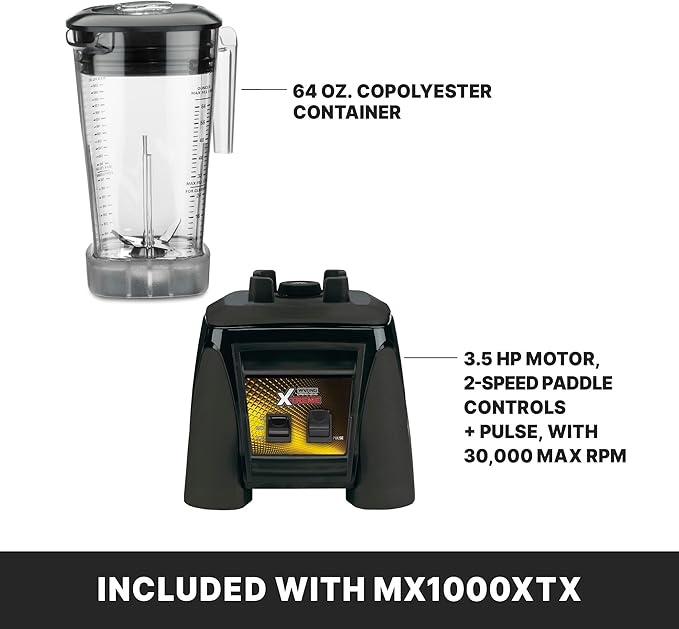 Waring Commercial MX1000XTX 3.5 HP Blender with Paddle Switches Pulse Feature and a 64 oz. BPA Free Copolyester Container 120V 5-15 Phase Plug Black
