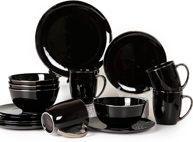 KOKEN Porcelain Dinnerware Set - 16 Pc Round Dinner Set with Mugs Microwave Safe