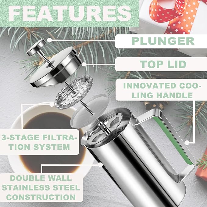 Stainless Steel French Press Coffee Maker 21OZ(0.6 Litre) Camping Coffee Press with Green Handle for Personal Office Travel(Sanding Silver 1-3 Cups)
