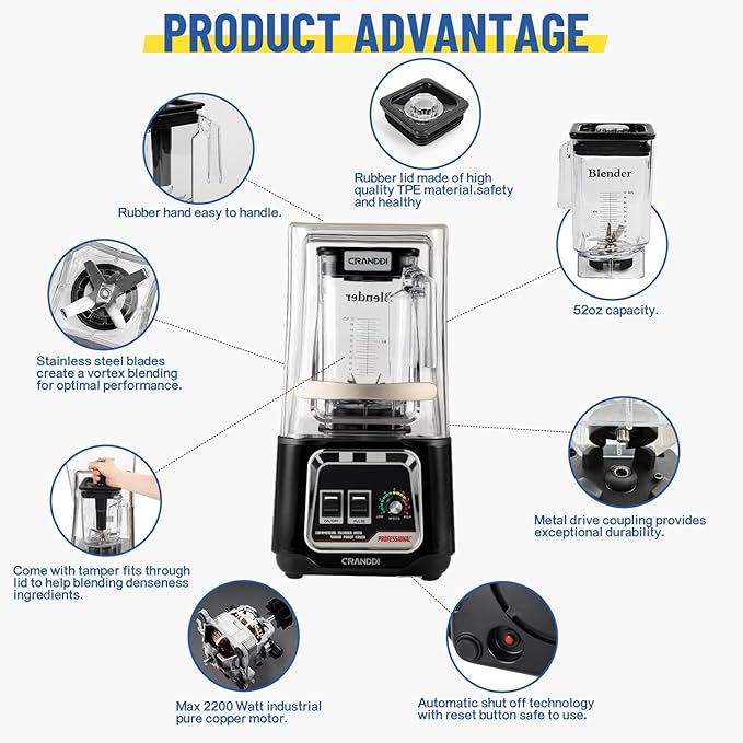CRANDDI Professional Smoothie Blender 2200W Commercial Soundproof Quiet blender with Removable Soundproof Shield for Crushing Ice MilkShakes Puree Self-Cleaning 50oz 110V K80 (Black)