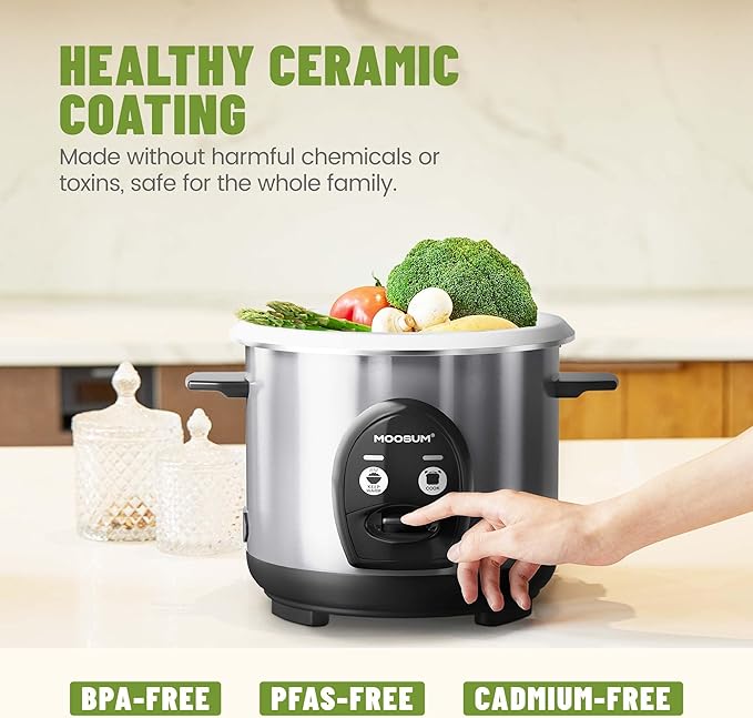 3-Cup Uncooked Rice Cooker Small - Ceramic Coating Non-Toxic Inner Pot One-Touch Multifunction for Rice/Sauté/Yogurt Dishwasher Safe 1-3 People Size Stainless Steel