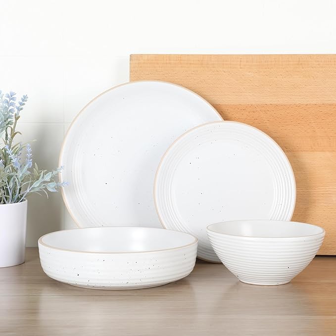 Gibson Home Dinah 16-Piece Matte White Stoneware Dinnerware Set – Double Bowl Embossed Speckled Design Durable Kitchen Dinnerware