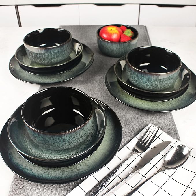 Dinnerware Sets(16Pcs) Serves for 4 Reactive Glaze Tableware Set with 7.9/8.3/10.6Plates and 5.5bowl Modern kitchen tableware Scratch resistant Microwave Dishwasher safe Set No.1