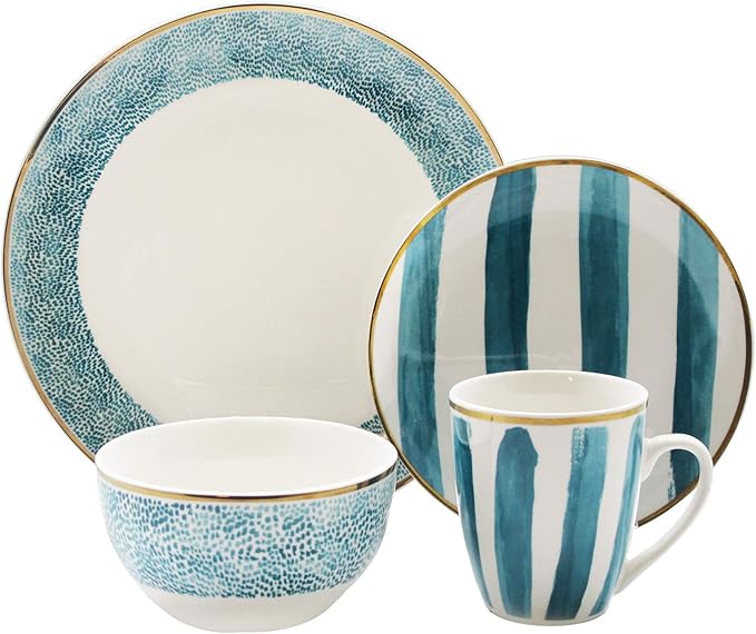 Delice Casual Round Dinnerware Set – 16-Piece Porcelain Dinner Party Collection w/ 4 Dinner Plates 4 Salad Plates 4 Bowls &amp 4 Mugs – Unique Gift Idea for Any Special Occasion or Birthday Green