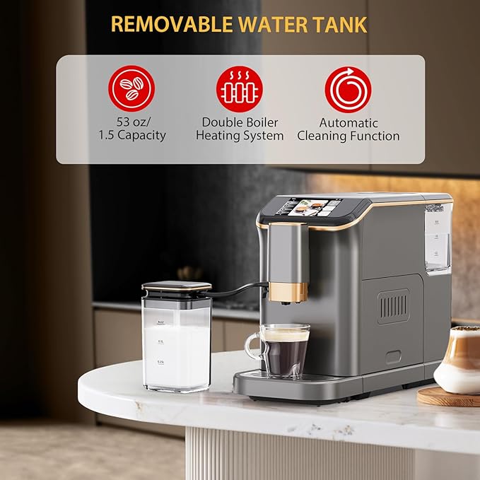 Espresso Maker With Milk Frother - Fully Automatic 4-Beverage Options Built-In Grinder Intuitive Touch Display and Sleek Gunmetal Finish