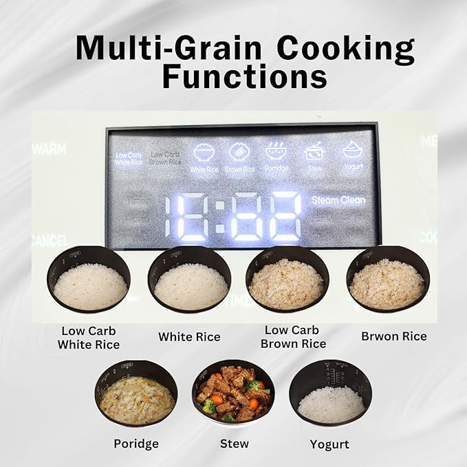 BANU Low Carb Rice Cooker - 4 Cups(white rice) 2 cups(Low carb rice) 7 Preset Functions 20-Hr Timer Led Touch Auto Keep Warm - Healthy Cooking for Keto and Low Glycemic Diets - White / 8-Cup (Cook