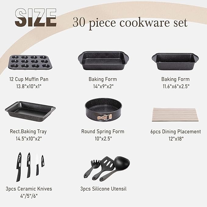 Kitchen Induction Cookware &amp Bakeware Set - 30 Piece Black Granite Cooking Pans Set Non-Stick Pots and Pans Set