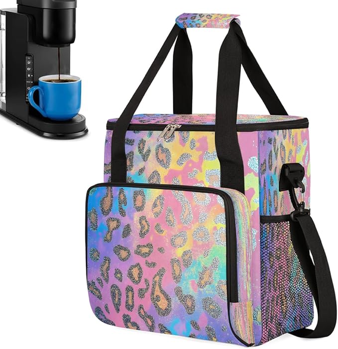 Gold Pink Leopard Print Coffee Maker Carring Bag Travel Carrying Storage Tote Bag Compatible with Keurig K-Mini or K-Mini Plus Portable Single Serve Coffee Brewer Case with Pockets for K-cup Pods