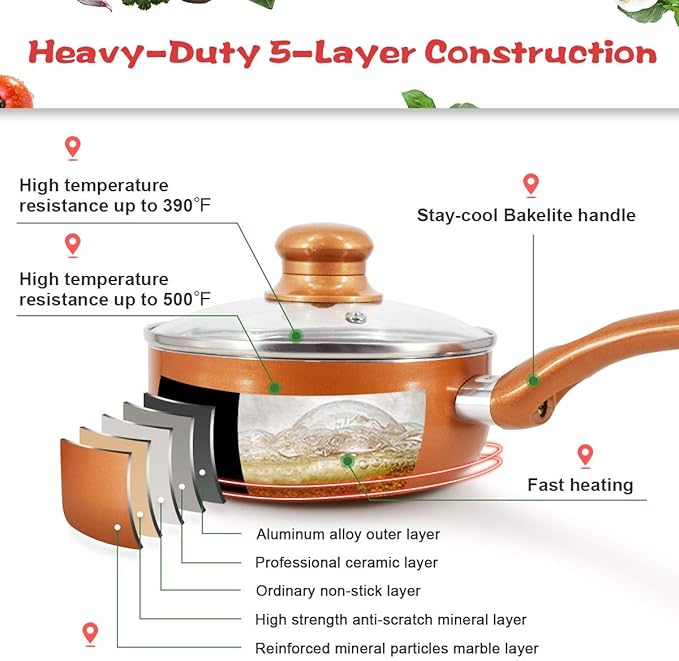10pcs Cookware Set Non-stick Frying Pans Set Ceramic Coating Soup Pot Milk Pot Copper Aluminum Pan with Lid Gas Induction Compatible 1 Year