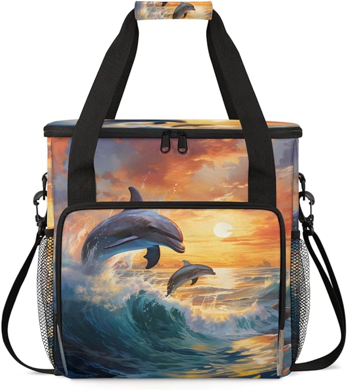Cartoon Dolphin Coffee Maker Carrying Bag Sunset Dolphin Travel Storage Bag Compatible with K-Mini or K-Mini Plus Single Serve Coffee Brewer Carrying Case with Multiple Pockets &amp Shoulder Strap