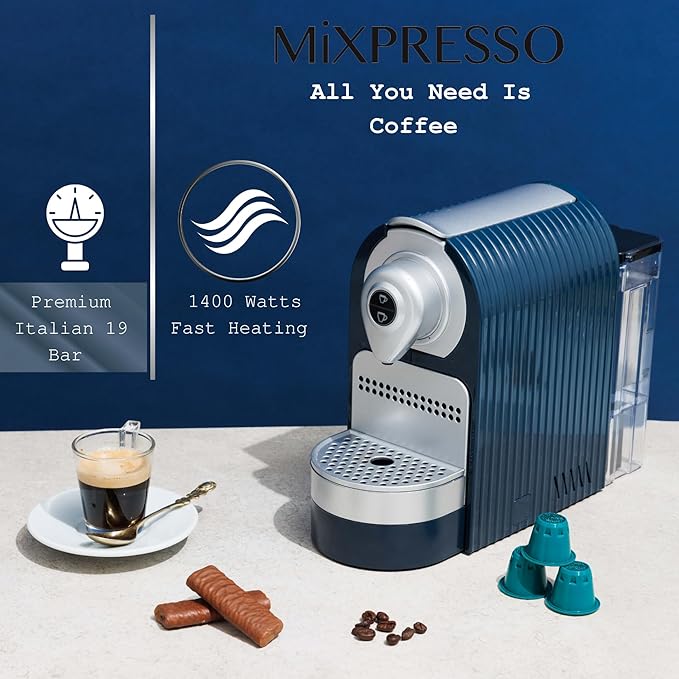 Mixpresso Blue Espresso Machine for Nespresso Compatible Capsule Single Serve Coffee Maker Programmable for Espresso Pods Premium Italian 19 Bar High Pressure Pump 27oz 1400w Capsule Coffee Maker