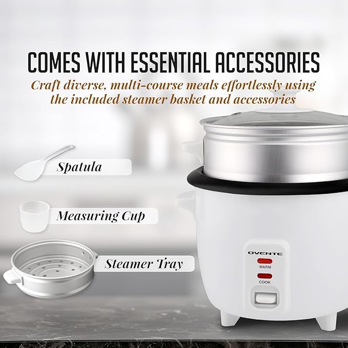 OVENTE Electric Rice Cooker and Food Steamer – 10-Cup Cooked Capacity (5 Cups Uncooked) Nonstick Removable Pot Keep Warm Function Steaming Basket Measuring Cup &amp Spatula Included White RCS01W