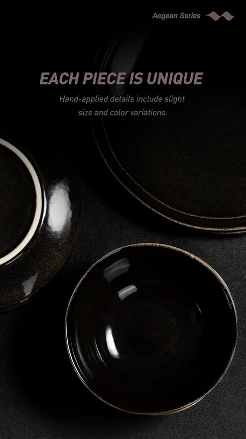 Famiware Aegean Stoneware Dinnerware Set for 8 Plates and Bowls Sets 24 Pieces Scratch Resistant Dinner Set Handmade Irregular Round Dishes - Microwave and Dishwasher Safe Black Coffee