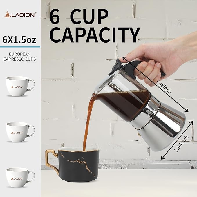 Stovetop Espresso Maker 6Cup 240ml Classic Moka Pot Crystal Glass-top &amp Stainless Steel Coffee Maker Mocha Pot Greca De Cafe Cuban and Italian Coffee Maker for Cafetera Cubana