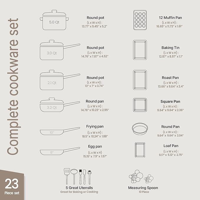 Pots and Pans Set 23-Piece Non Stick Cookware &amp Bakeware Sets with Plaid Pattern Stackable Design Dishwasher Safe Stain-resistant Oven &amp All-Stove Safe Tempered Glass Lid Dark Gray