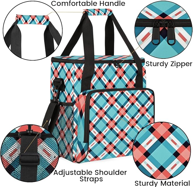 Blue Texture Plaid Coffee Maker Carrying Bag Portable Travel Storage Tote Bag Compatible with K-Mini or K-Mini Plus Single Serve Coffee Brewer Carrying Case with Multiple Pockets &amp Shoulder Stra