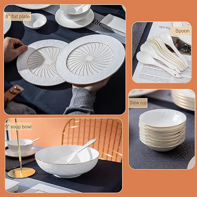 Ceramics Dinner Set Kitchen and Dining Service Durable Kitchen Dinnerware Set Dinner Salad Appitizer Dessert Plate Bowls Best for Indoor and Outdoor Party Creativity Villa Table Decor (White 28Pcs)