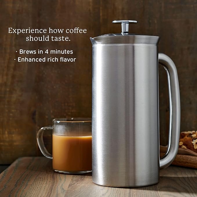 ESPRO - P7 French Press - Double Walled Stainless Steel Insulated Coffee and Tea Maker with Micro-Filter - Keep Drinks Hotter for Longer (Brushed Stainless Steel 18 Oz) + ESPRO Coffee Paper Filters (