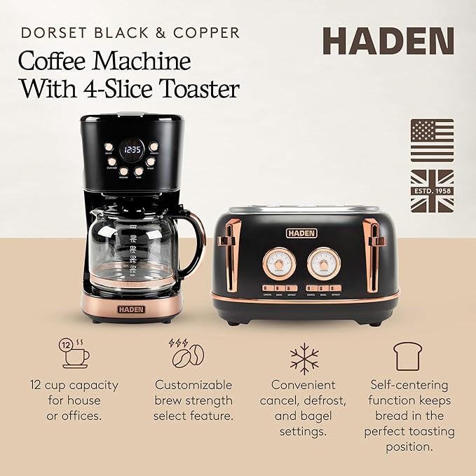 Haden Dorset 4 Slice Wide Slot Stainless Steel Toaster Bundled with 12 Cup Programmable Drip Coffee Maker Coffee Machine Black &amp Copper