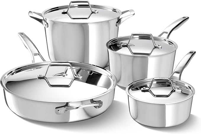Calphalon Premier Polished 5-Ply Stainless Steel Cookware Set w/Turbo Heat Tech 8 Piece Includes Frying Pans Pots and Pans Set Induction Oven Safe 500F PFOA Free Polished Stainless Silver
