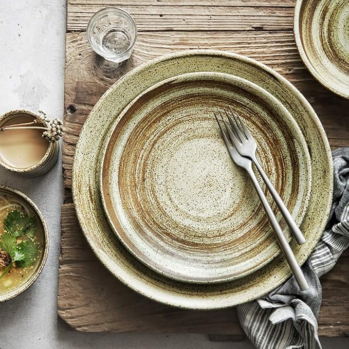 Ceramics Dinnerware Set Retro 26 Pieces Plate and Bowls SetsStoneware Matte Porcelain Dinner Set for Special Restaurant and Hotel
