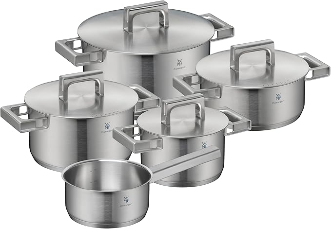 WMF Ultimate Cool 5-Piece Induction Saucepan Set with Stainless Steel Lid Matt Cromargan Stainless Steel Induction Pots Set Uncoated Inner Scale Dishwasher Safe