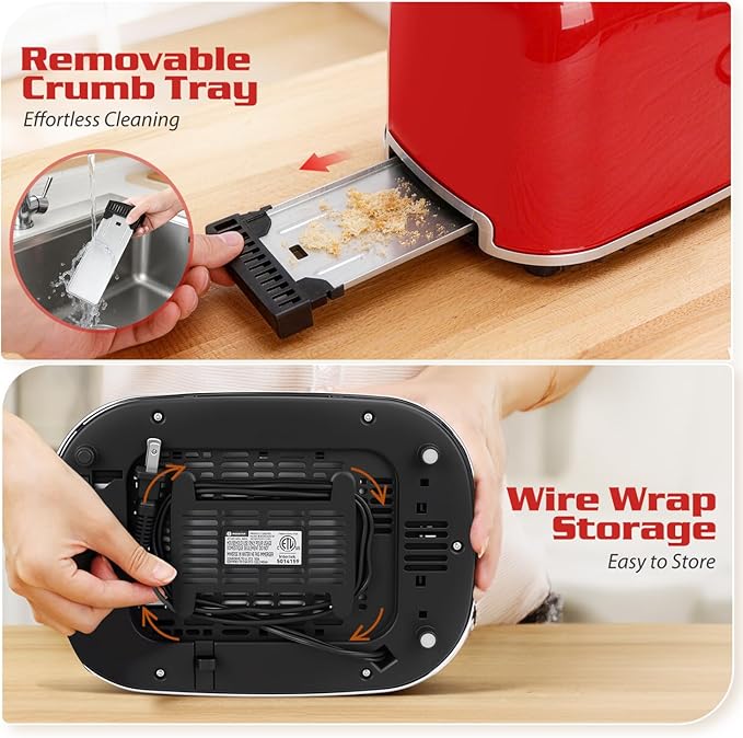 Aigostar Toaster 2 Slice Retro Extra-Wide Slot Toasters Best Rated Prime for Toasting Bagels Breads Waffles &amp More Cancel Defrost &amp 6 Browning Removable Crumb Tray Stainless Steel Red