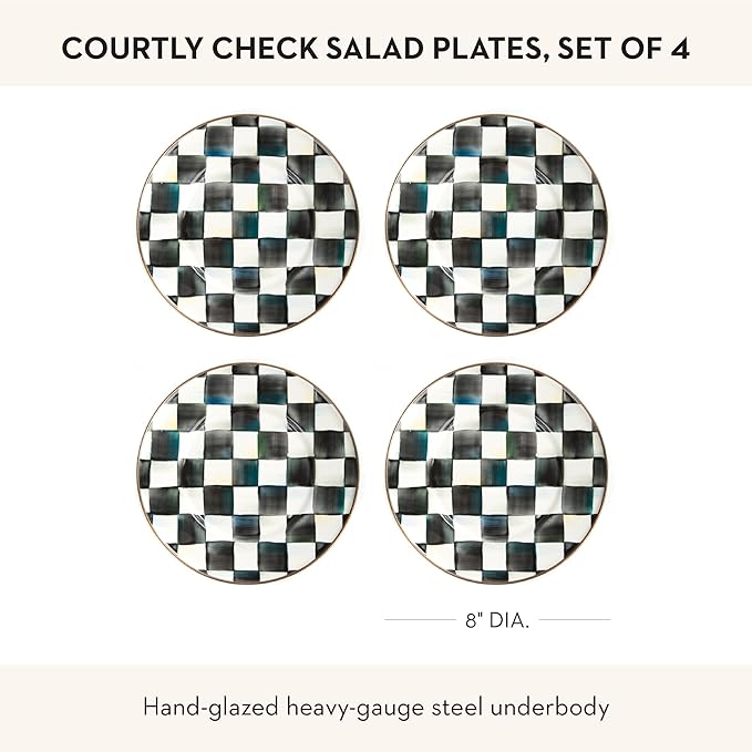 MACKENZIE-CHILDS Enamel Salad and Dessert Plate Small Plate for a Dessert or Appetizer Dish 8 Inches Set of 4 Black-and-White Courtly Check