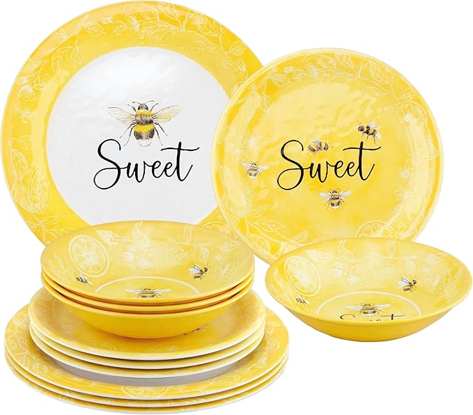 UPware 12 Piece Sweet Bees Melamine Dinnerware Sets Outdoor Dishes Set Plates and Bowls Sets Service for 4 Yellow