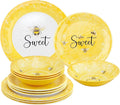 UPware 12 Piece Sweet Bees Melamine Dinnerware Sets Outdoor Dishes Set Plates and Bowls Sets Service for 4 Yellow