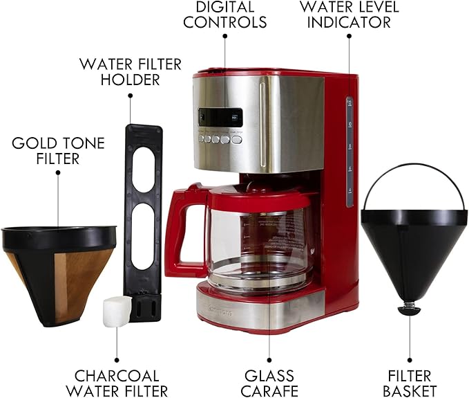 Kenmore Drip Coffee Maker - 12 Cup Programmable Cafe Machine With Glass Pot Regular &amp Bold Brew Auto Shut Off Large Water Reservoir Reusable Filter Kitchen Appliances For Cafeteria Barista Re