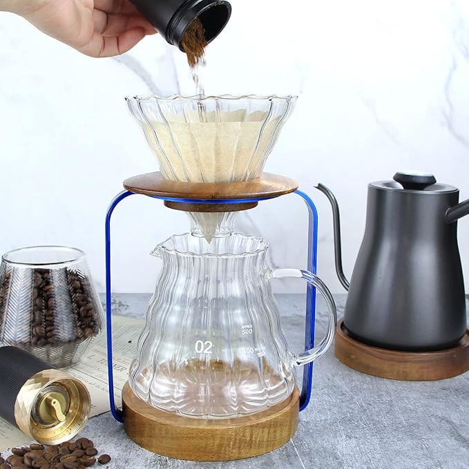 SOTECH Pour Over Coffee Dripper Stand with Metal Stand Wooden Filter Holder Glass Server with Paper Coffee Filters Coffee Maker Stand Set for Coffee Tea and Saffron