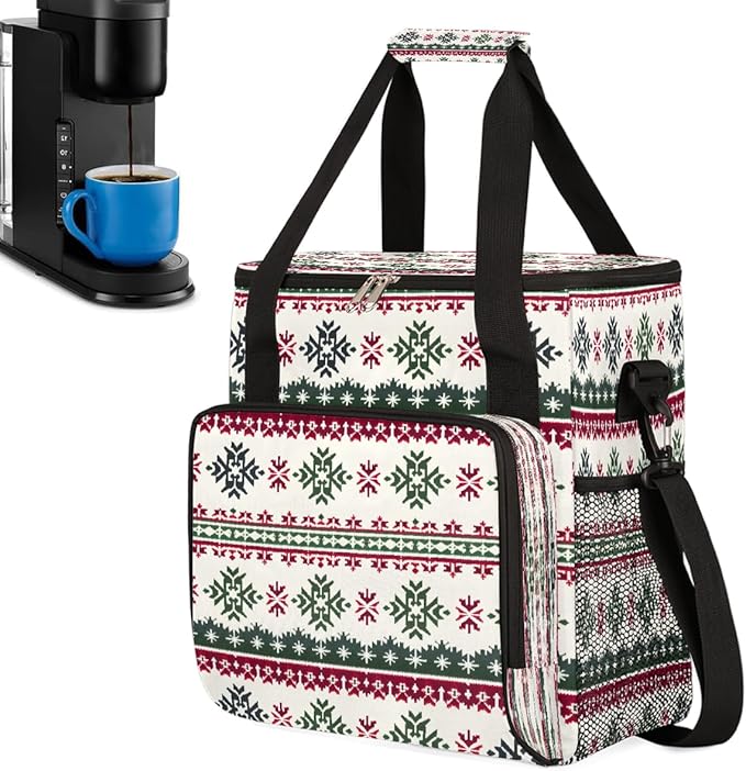 Christmas (589) Coffee Maker Carring Bag Travel Carrying Storage Tote Bag Compatible with Keurig K-Mini or K-Mini Plus Portable Single Serve Coffee Brewer Case with Pockets for K-cup Pods