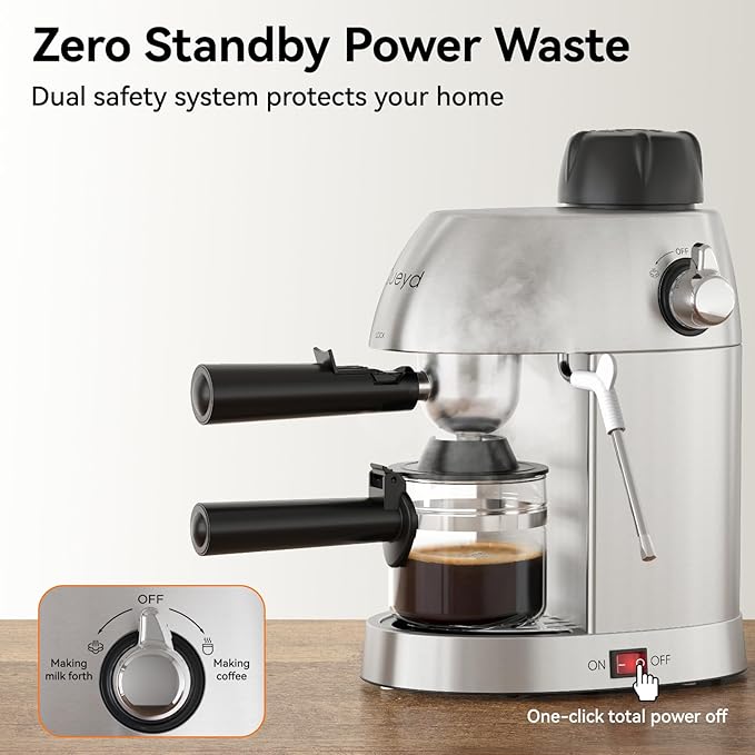 Queyd 3.5 Bar 4 Cup Espresso Cappuccino Machine Stainless Steel Espresso Machine Compact Expresso Machines for Home Latte and Cappuccino Machine with Milk Frother Dual Safety Switches 800W
