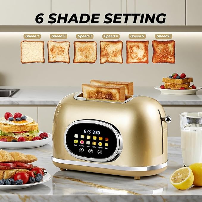Roter Mond 2 Slice Toaster Smart Touch Screen Retro Stainless Steel Bread Toaster with Digital Timer Sleep Mode Bagel Cancel and Defrost Functions 6 Bread Types and Shade Settings Gold