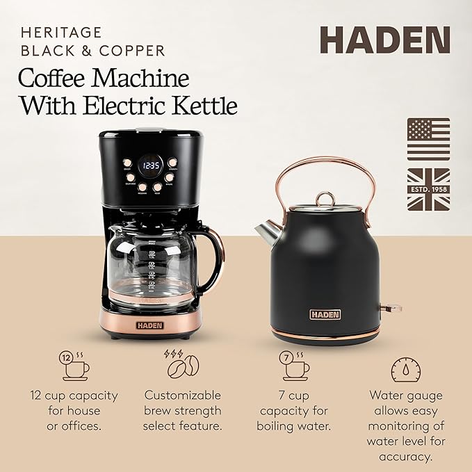 HADEN Heritage 1.7 Liter Stainless Steel Electric Kettle Bundled with 12 Cup Drip Coffee Maker Coffee Machine with Auto Shut-Off Black &amp Copper