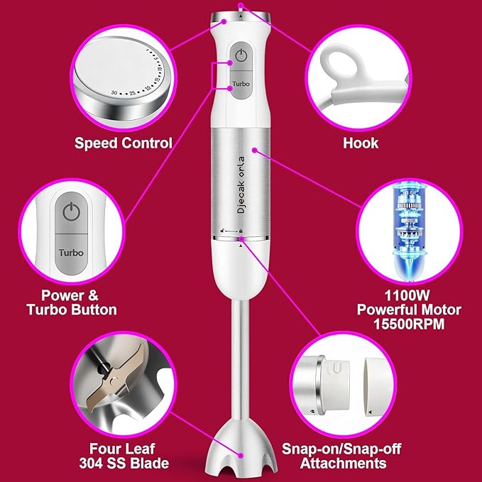 Upgraded Blender Handheld 1100W 20 Speed Settings Max 15500 RPM 5 in 1 Hand Blender with Milk Frother Handheld Food Processor Batidora De Mano Electrica Kitchen Appliances White